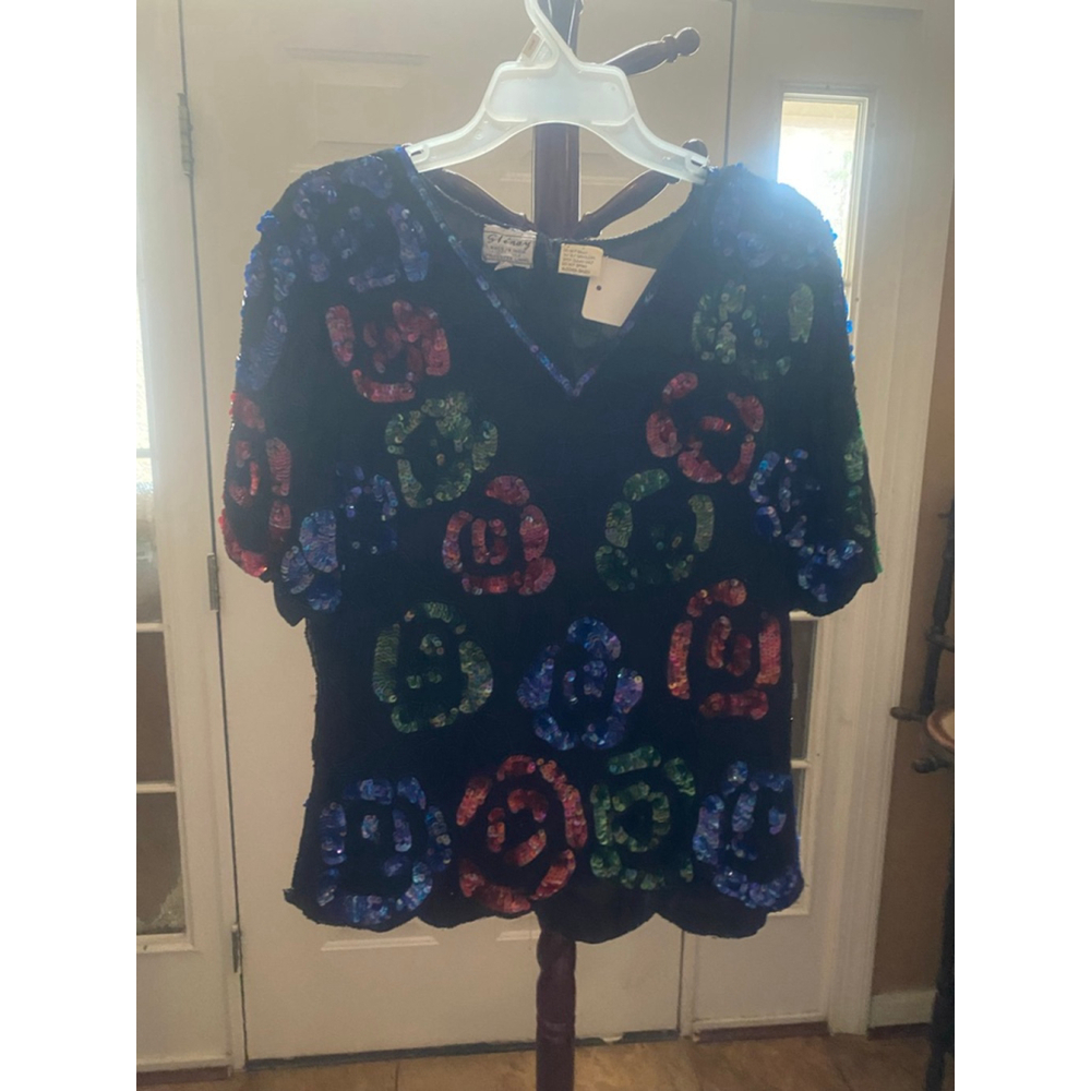 Women's Stenay Black Multicolor Sequin Floral Top L